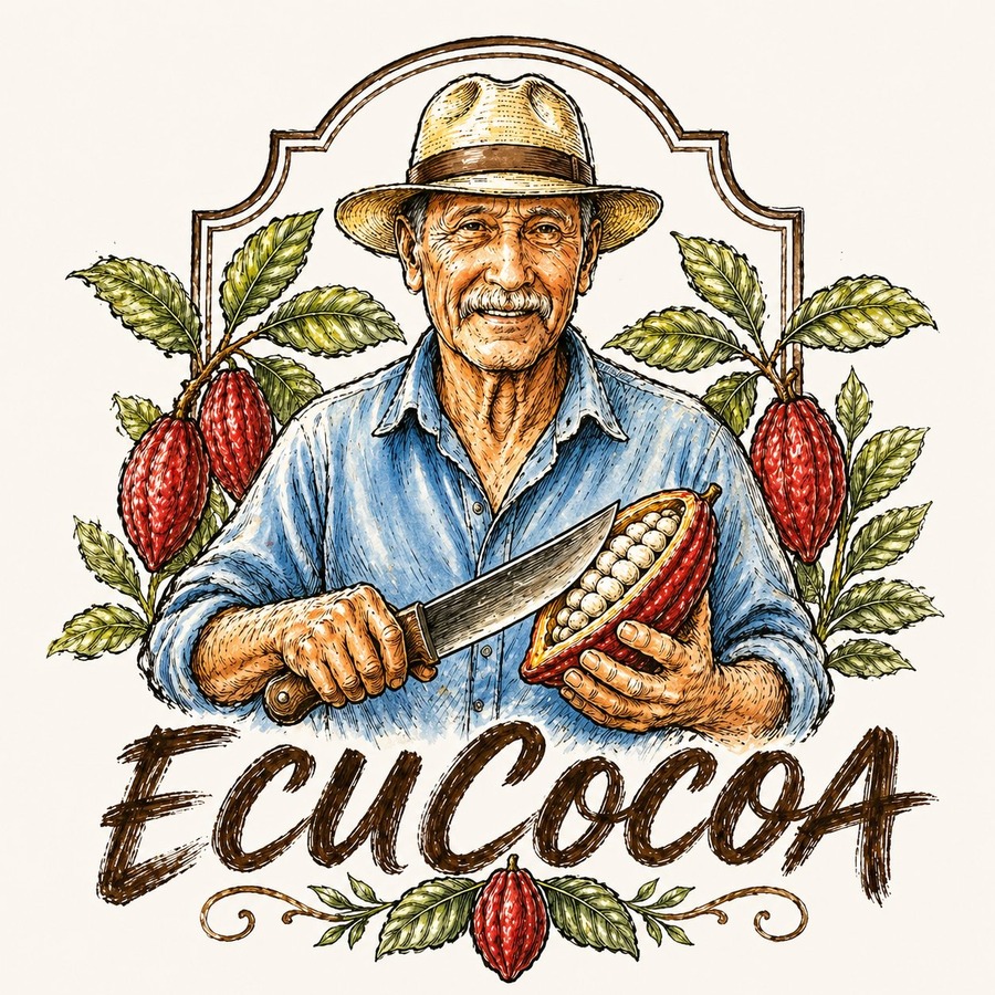 Logo ECUCOCOA: ilustración de productor cacaotero abriendo una mazorca de cacao CCN-51
